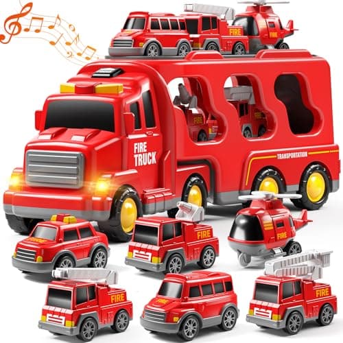 JUKUDAHU 7in1 Fire Trucks for 3 4 5 6 Years Old Boys Transport Car for Toddlers 46 Sound and Light Kids Toys for Ages 24 Gift for Ages 57 48 Year Old Girl Birthday Gifts