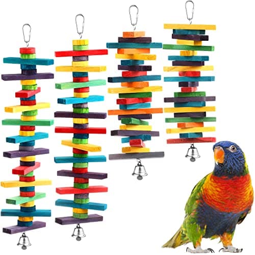 4 Pcs Bird Parrot Toys with Multicolored Natural Wood Blocks Bird Chew Toys for Large Medium Parrots Macaws Lovebirds Doves Cockatiels Conures Parakeets Chewing Biting Foraging 2 Designs