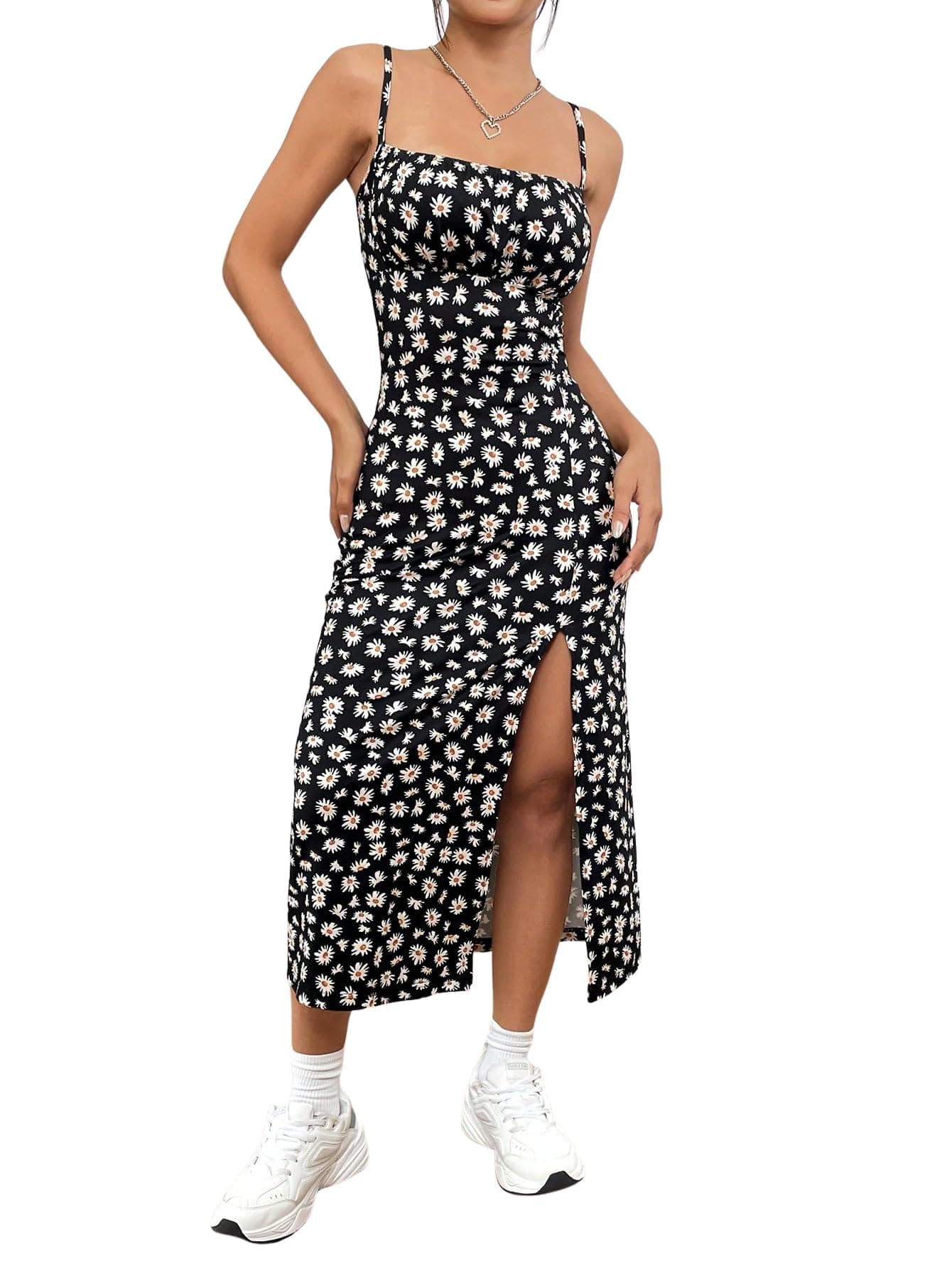 Aahwan Black Printed Knitted Cami Split Pastel Dresse for Women's & Girl's(326-Black-S)