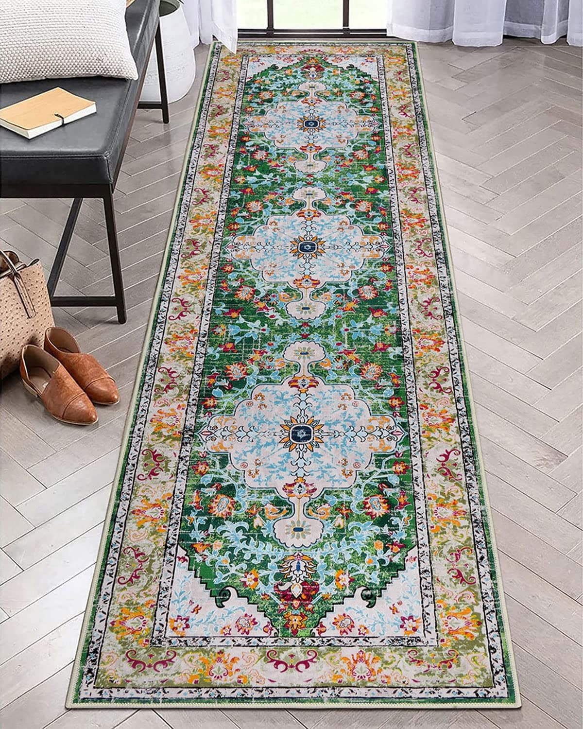 U'Artlines 2' x 8' Boho Hallway Runner Rug, Non Slip Washable Vintage Farmhouse Accent Area Rug Carpet for Kitchen Entryway Laundry and Living Room (Green)