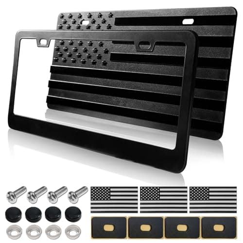ZXFOOG American Flag License Plate for Front Bumper, Black ABS Plastic Car Tag Plate with 3D Embossed USA Flag Pattern, with Aluminum Frame, Screws, Patriotic Decals