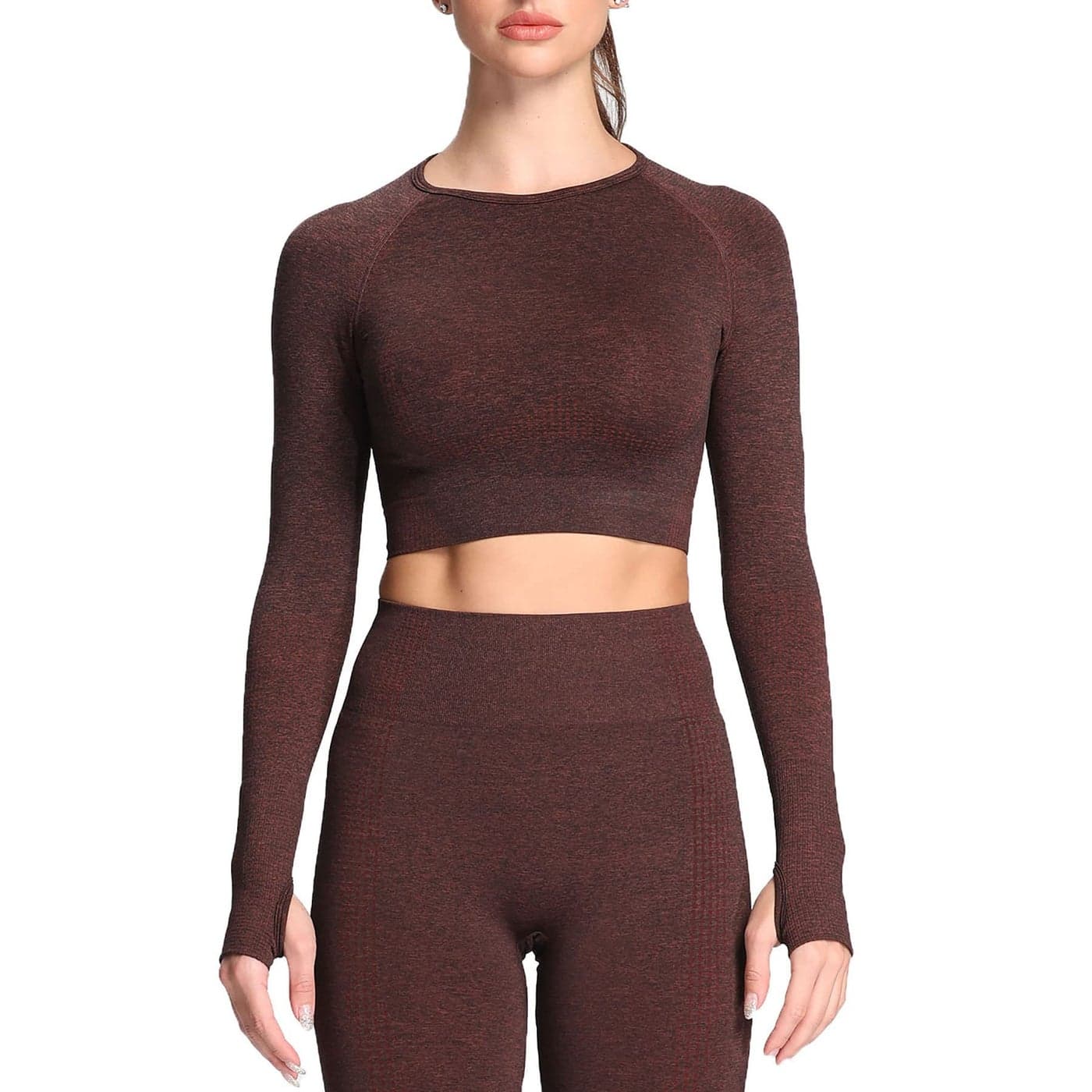 Aoxjox Long Sleeve Crop Tops for Women Vital Workout Seamless Cropped T Shirt Top (Vital Cherry Brown Marl, Small)