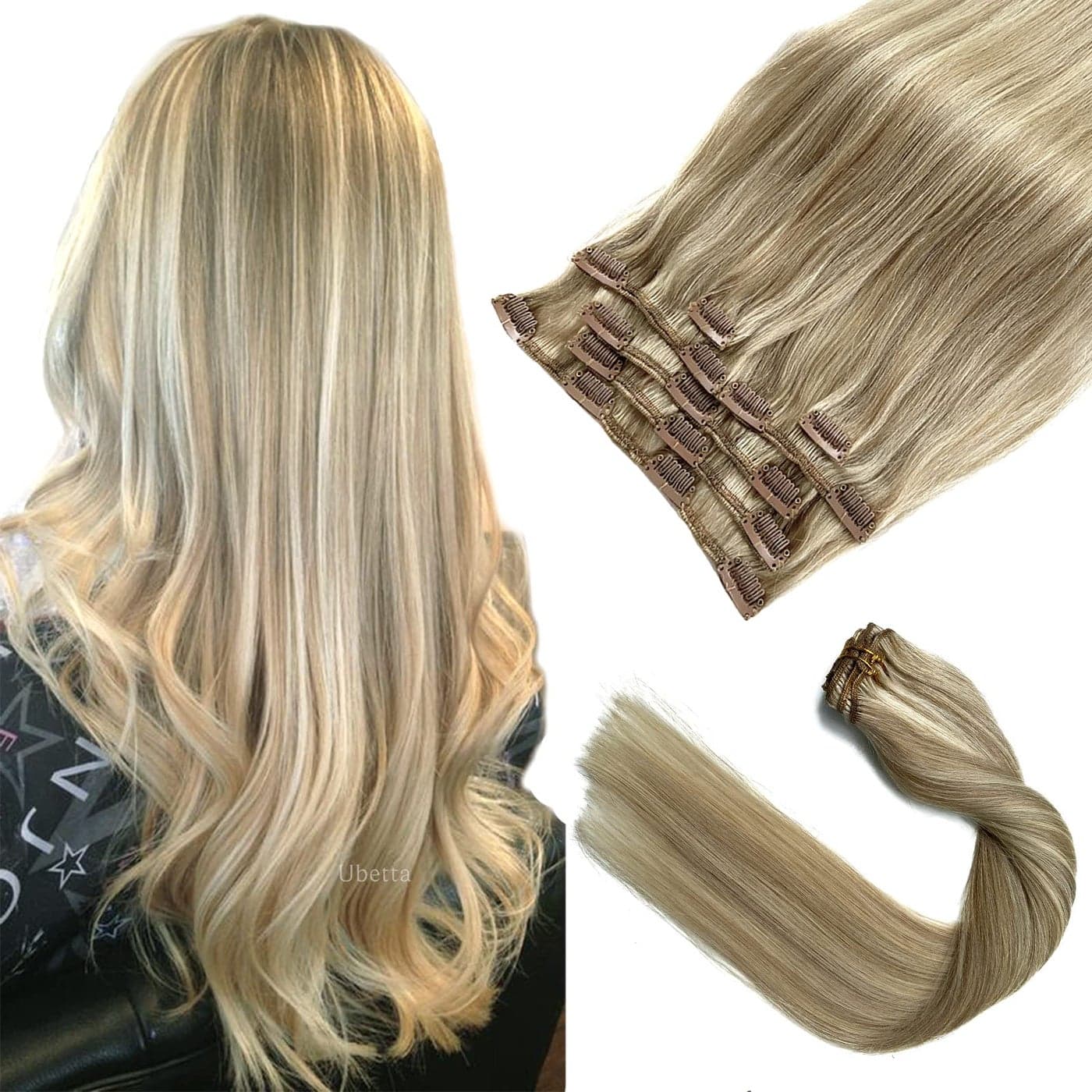 Clip in Hair Extensions Real Human Hair Ash Blonde Balayage Blonde Highlights Hair Extensions Clip in Real Human Hair 12 Inch 7 Pieces 70G Double Wefts Remy Human Hair Extensions for Women