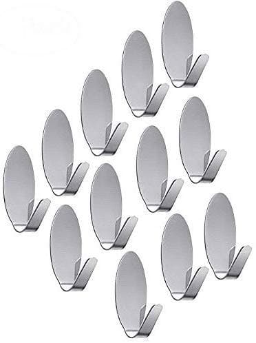 AmigozZ Multipurpose Small Oval Stainless Steel Adhesive Hooks Load Capacity Upto 1 Kg Silver Set of 12