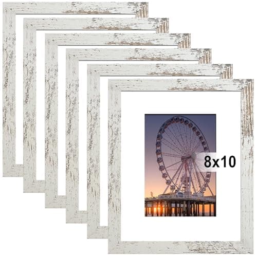 BESCRCL 8x10 Picture Frame Distressed White Set of 6, Display Pictures 5x7 with Mat or 8x10 Without Mat for Wall Mounting or TableTop