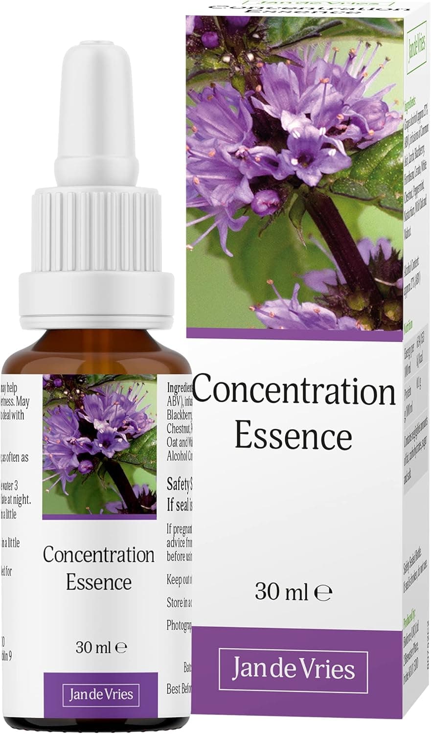 Jan De Vries Concentration Essence Flower Essence Quieten a Busy Mind Focus on Specific Thoughts Contains Peppermint Nasturtium Hornbeam 30ml