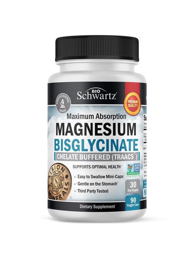 Magnesium Bisglycinate 100% Chelate No-Laxative Effect - Maximum Absorption & Bioavailability, Fully Reacted & Buffered - Healthy Energy Muscle Bone & Joint Support - Non-GMO Project Verified - 90 ct