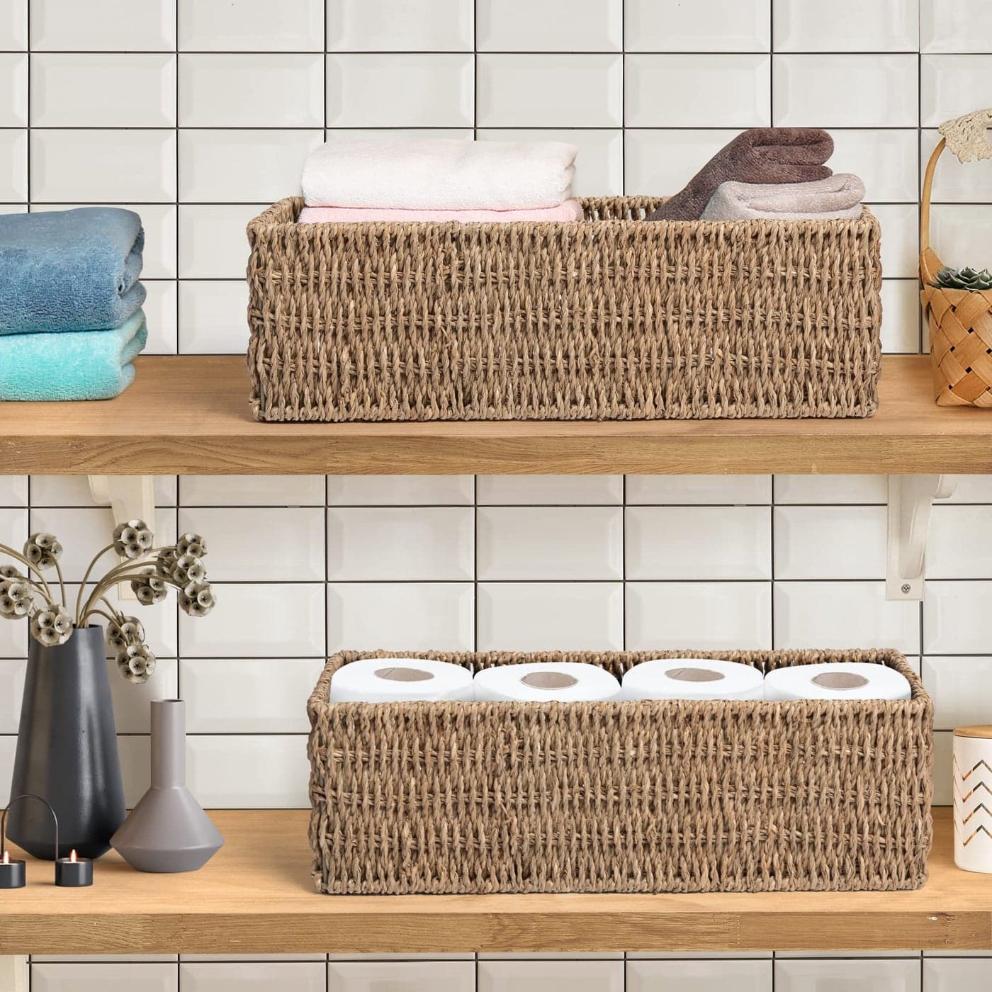JS HANGER HandWoven Storage Baskets Decorative Seagrass Baskets for Paper Towel Organizing 149L x 63W x 47H 2Pack