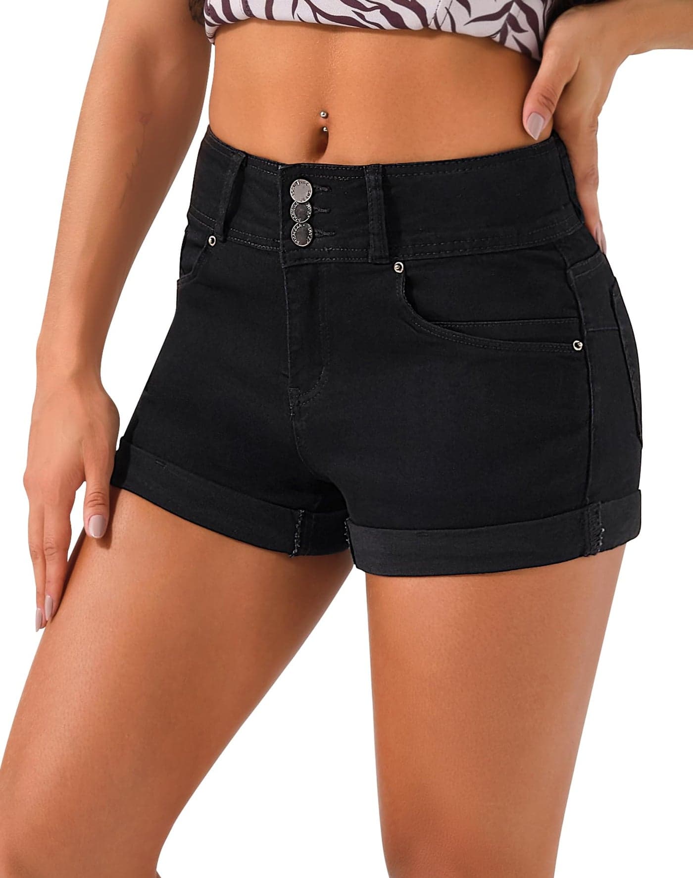 roswear Women's High Waisted Stretchy Denim Shorts Cuffed Jean Shorts Black Medium