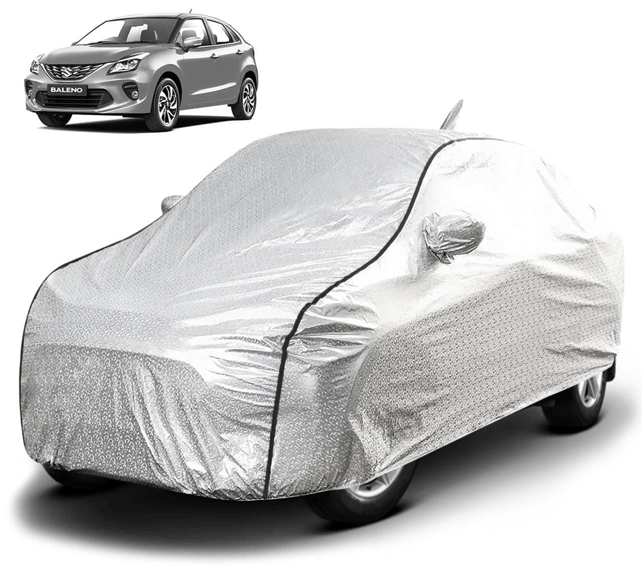 FABTEC Waterproof Car Body Cover for Maruti Baleno with Mirror and Antenna Pocket, Soft Cotton Lining, Triple Stitched (Heat Resistant Metallic Silver with Black Piping)
