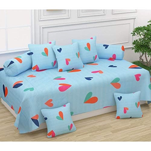 MORADO® Glace Cotton Diwan Set Pillows 5 with Bolster 2, Bedsheet (152x228 cm), 2 Bolster Covers (40x78 cm), 5 Cushion Covers (40x40 cm).Diwan Set of 8 for Living Room(Sky Blue)