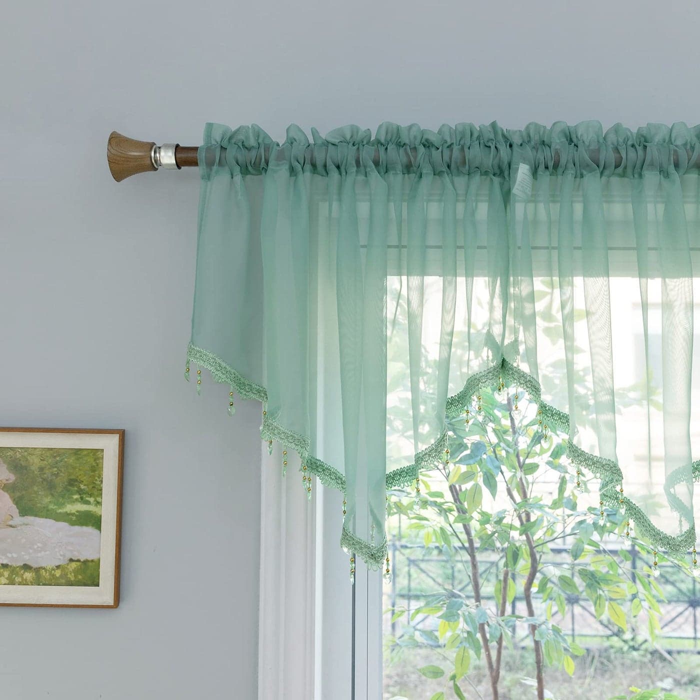 PearAge Beaded Sheer Valance Curtains for Living RoomRod Pocket Farmhouse Window Valance Bead Trim Tassel Voile Sheer Curtain Valance for Bedroom Bathroom Cafe 51x24 Inches Mineral Blue 1PC