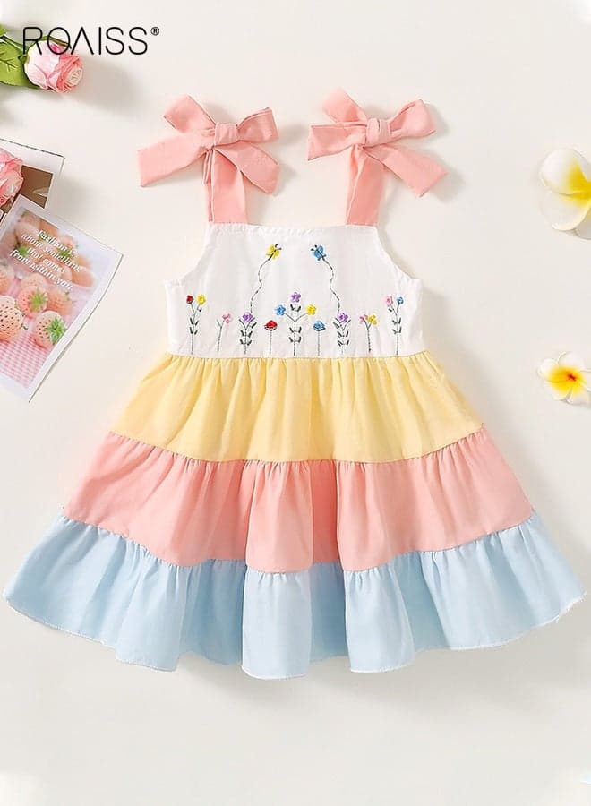 Girls Stylish Spaghetti Strap Dress, Sleeveless Tiered Dress with Floral Embroidery, Casual Sundress for Little Girls, Suit for Daily Wear or Any Occasion