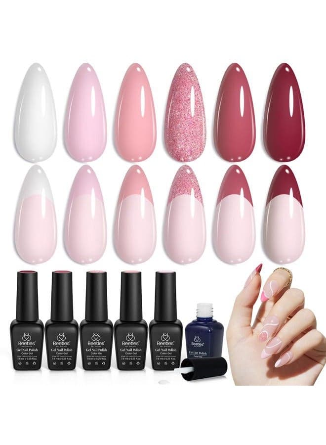 Beetles Gel Polish 6 Pcs City of Love Collection 5 Colors Pink Red Rose Glitter Gel Polish & 1 Pcs White Liner Gel Nail Art Soak Off Nail Lamp Cured Swirl Nails Design Spring Summer Manicure Box
