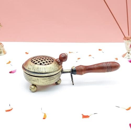 DOKCHAN Iron dhuni with Wooden Holder for Lohan dhoop dhuni, for Pooja, Temple, Home/use Diwali Special Pooja dhoop dhuni with Wooden Holder (Small)