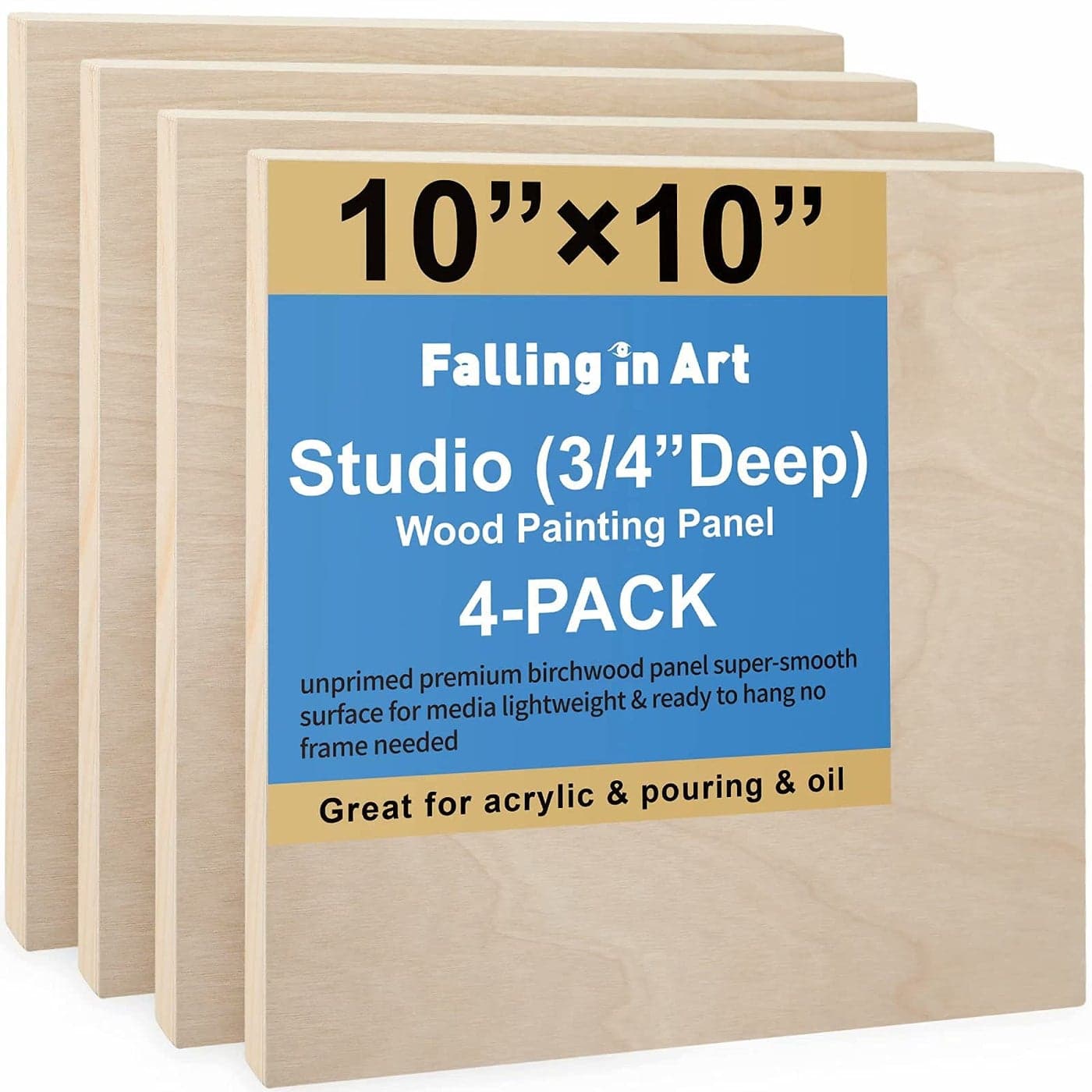 Falling in Art Unfinished Birch Wood Canvas Panels Kit Falling in Art 4 Pack of 10x10 Studio 34 Deep Cradle Boards for Pouring Art Crafts Painting Burning and More