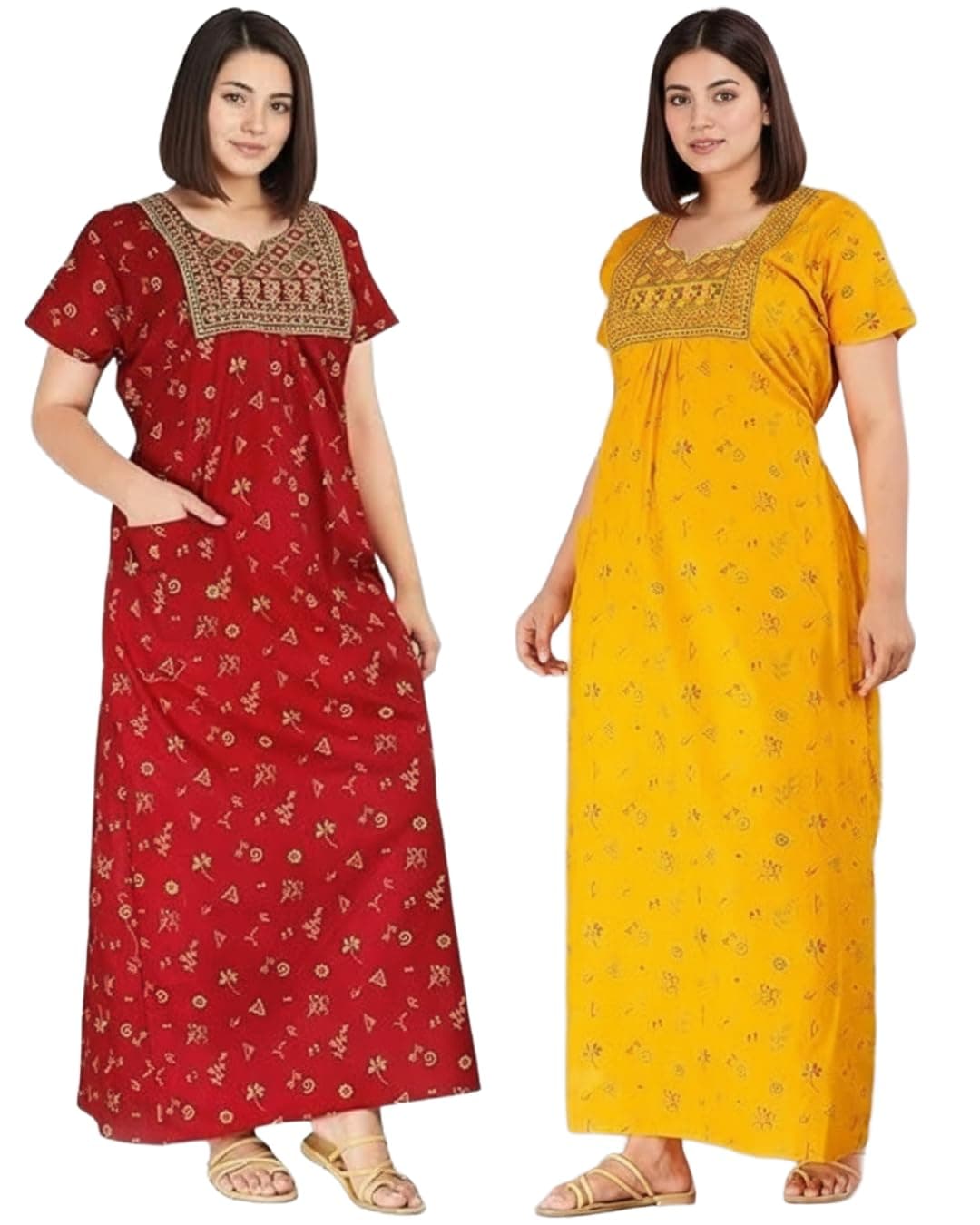 NILOUFO Women's Cotton Jaipuri Nighty Gown Pack of 2 – Rajasthani Printed Maxi Nightwear with Pocket | Soft Cotton Embroidered Sleepwear & Loungewear for Ladies (Red& Yellow, Free Size)