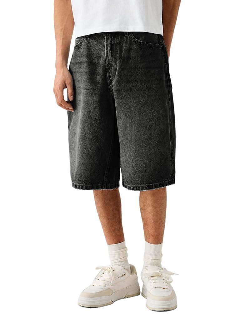 Black Baggy Jean Shorts Men Casual Loose Fit Hip Hop Skater Knee Length Denim Shorts Black 36