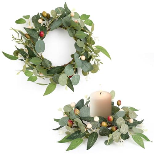 Ovveroche 2 Pcs 4 Inch Mini Eucalyptus Wreaths for Candles, Spring Candle Rings with Olive Leaves Berries Candle Garland Pillar 3.94 Inch Small Wreath Decor for Centerpiece Cabinet Table