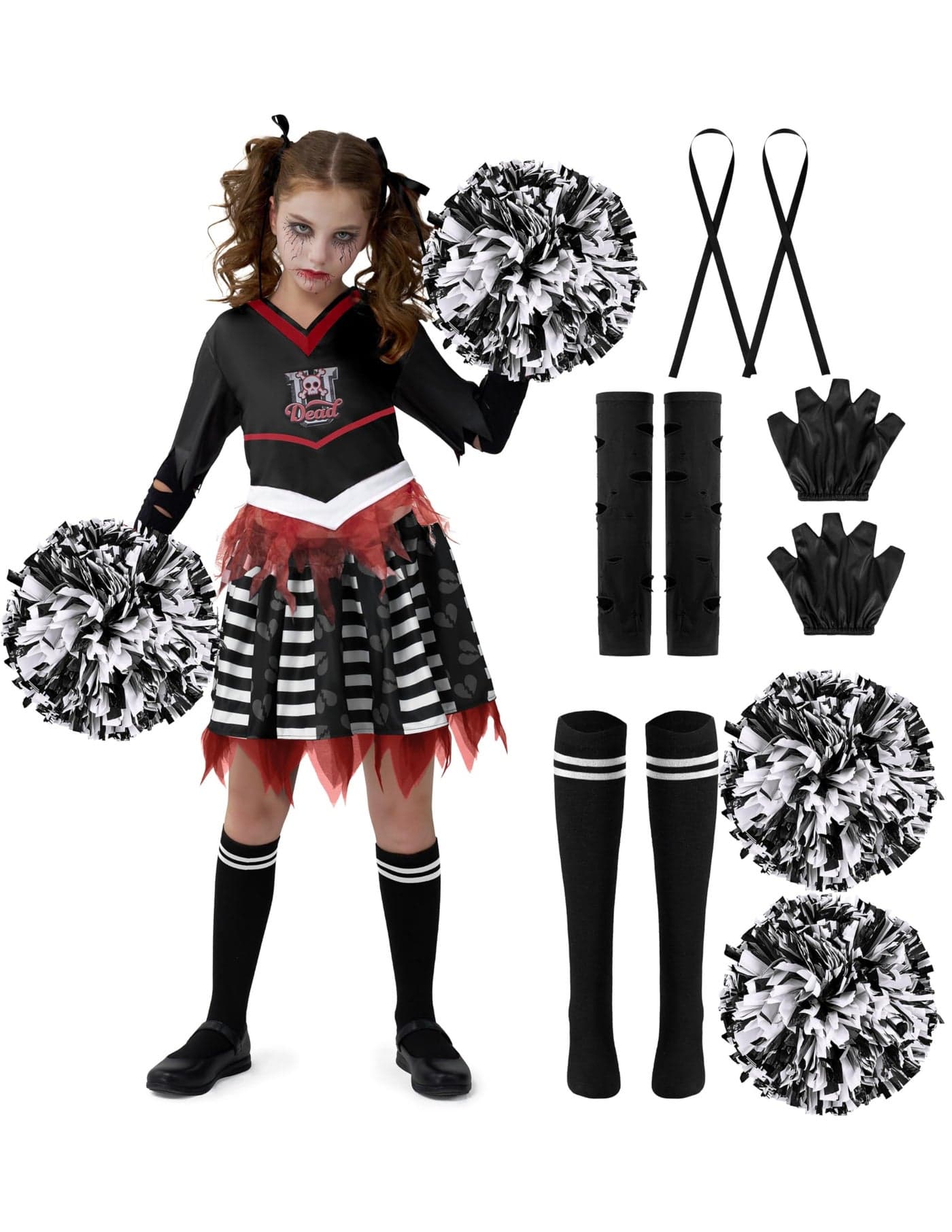 Spooktacular Creations Kids Halloween Cheerleader Costume, Zombie Cheerless Costume for Girls, Dead Cheer Outfit Toddlers for Halloween Scary Spiritless Dress Up Parties, M