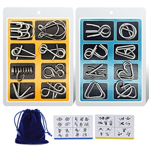 Metal Wire Puzzle 16Piece Set with Pouch IQ Test Brain Teaser Disentanglement Chinese Ring Fidget Toy for Kids Adults Portable Party Favor
