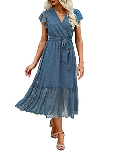 BTFBM Women Summer Bohemian Floral Casual Wrap V Neck Ruffle Cap Sleeveless Belt A-Line Pleated Hem Swing Midi Sun Dress (Swiss Dot Grey Blue, m)