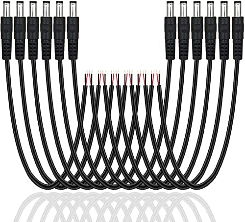 FEDUS 18AWG Copper Strands 10-Pack DC Power Pigtail Male Cable Wire, 12V 5A Male Connectors Barrel Jack Tinned Lead for CCTV Camera, Lighting Power Adapter DVR, Car Rearview Monitor-2.1 x 5.5mm