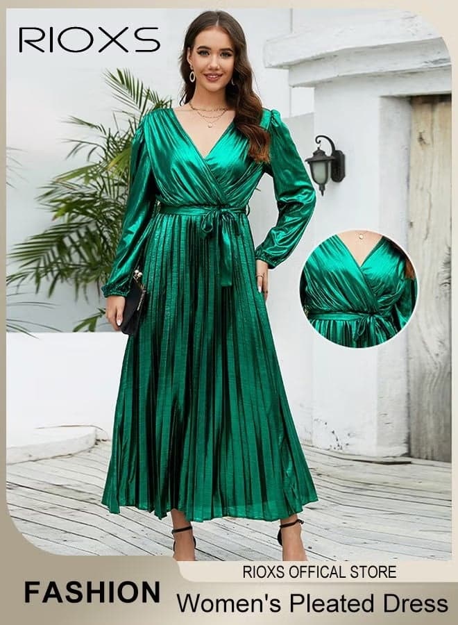 Women's V-Neck Long Sleeve Pleated Maxi Evening Dress, Bright Green High Waist A-Line Slimming Formal Dress with Belt for Ladies, Flowy Party Elegant Dress for Prom, Party, Date, Birthday and More, Green