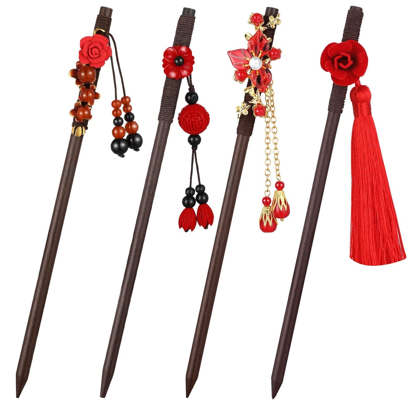 Waydress 4 Pcs Asian Hair Stick Accessories for Women Chinese Japanese Hair Chopsticks Clips Retro Geisha Red Wooden Cherry Hairpins Handmade Flower Tassel Geisha Costume for GirlClassic Style