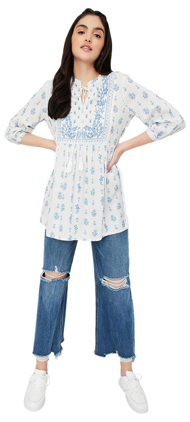 Max Women Printed Tie-Up Neck Tunic (INDIE41015OFF White)_XXL