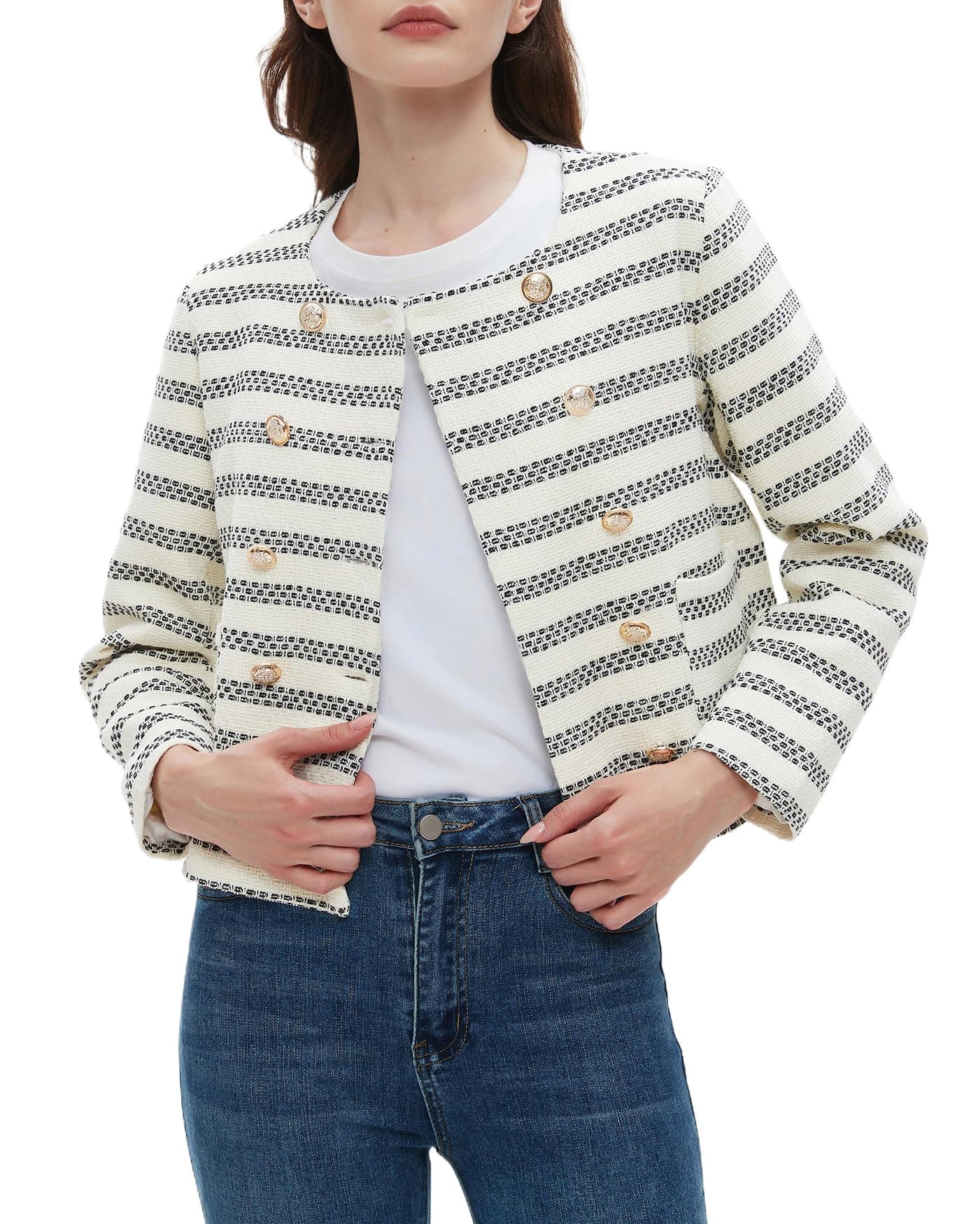 Kedera Womens Tweed Blazers Casual Long Sleeve Double Breasted Open Front Blazer Jacket for Work White
