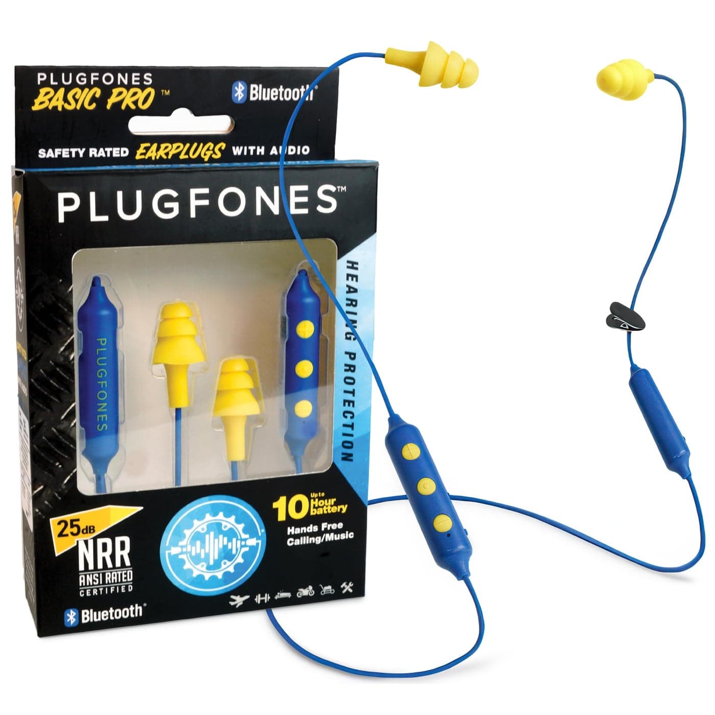Plugfones Basic Pro Earplug Headphones Wireless Bluetooth in-Ear Earplug Earbuds 25 dB Noise Reduction Rating OSHA Compliant Hearing Protection with Noise Isolating Mic and Controls (Blue & Yellow)