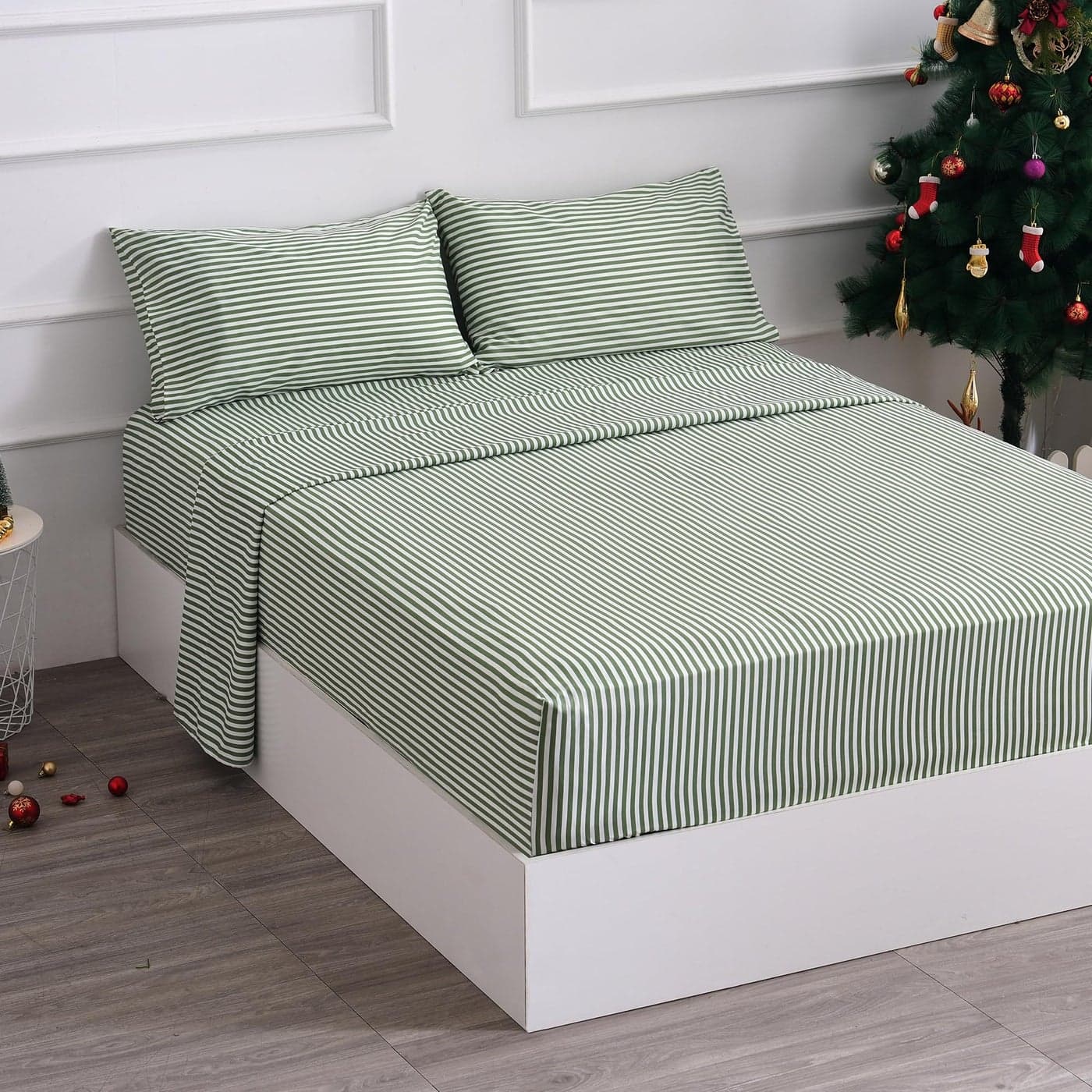 Bed Sheet Set 4 Piece Full SizeSoft Durable Microfiber Bedding Sheet SetDeep PocketStainFade Wrinkle Resistant Green and White Pinstripe Stripe Grass Green