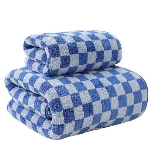 MAXOSHINE Microfiber Towels for Bath-Checkered Bath Towel for Men&Women-Soft Coral Fleece Towel with Hook Quick Dry Super Absorbent-70 X 140 Cm (Dark Blue,1 Bath Towel + 1 Hand Towel Combo),500 TC
