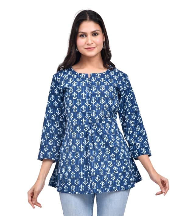 POISED Women's Cotton Printed Flared Short Kurti | Ethnic Sanganeri Print Tunic Top for Women & Girls | Round Neck 3/4 Sleeve Casual Kurta | Available in Indigo Blue, Pink, Red, & Yellow