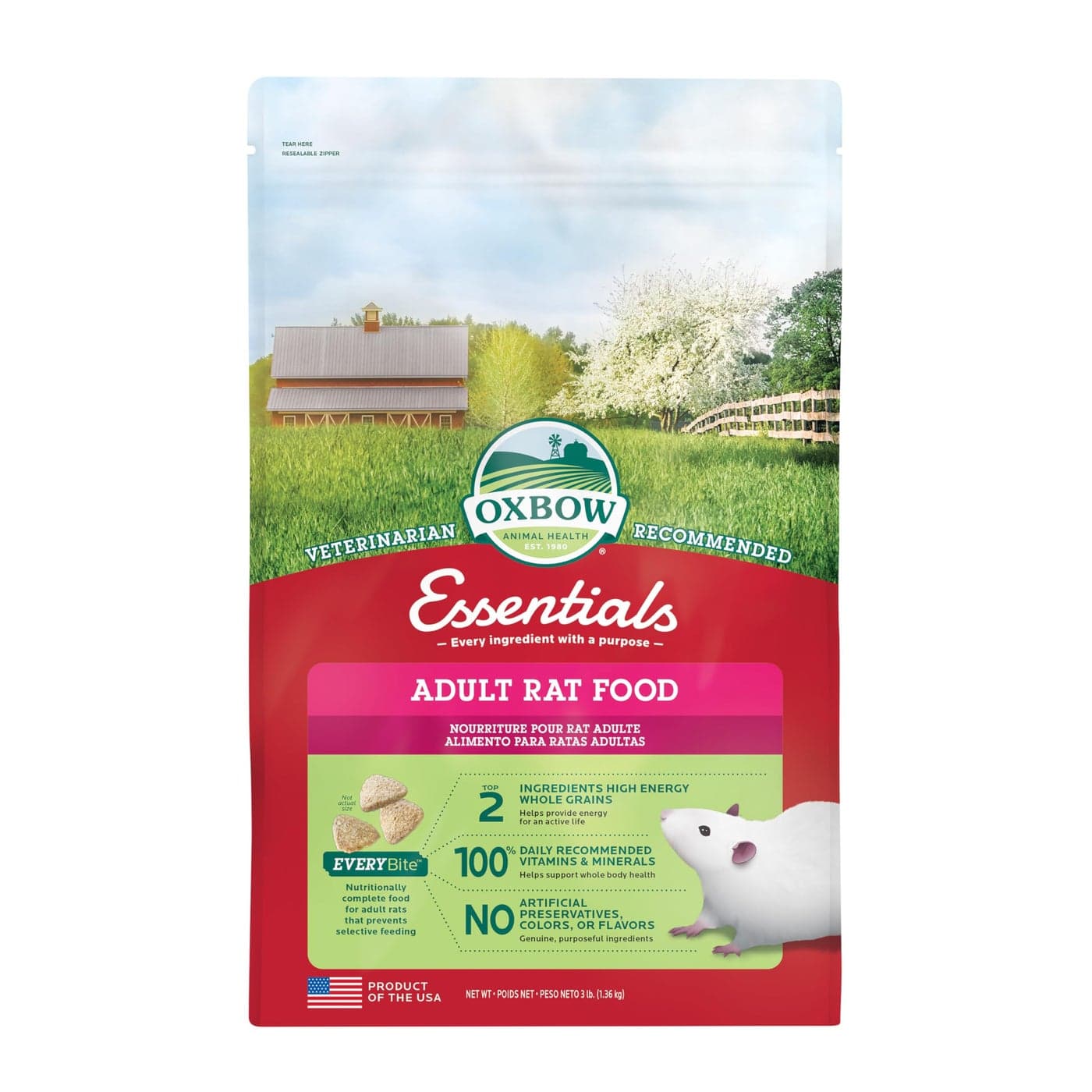 Oxbow Essentials Rat Food Pet Food for Adult Rats AllNatural Vitamin Mineral Rich Formula Veterinarian Recommended Oxbow Animal Health Rodent Pellets Made in USA No Artificials 3 lb Bag