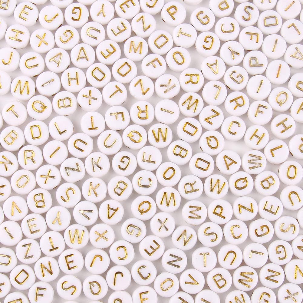 Acrylic Letter Beads Alphabet Gold Letters White Round Bead 47mm 1200pcs for Friendship Bracelet Jewelry Making Kit