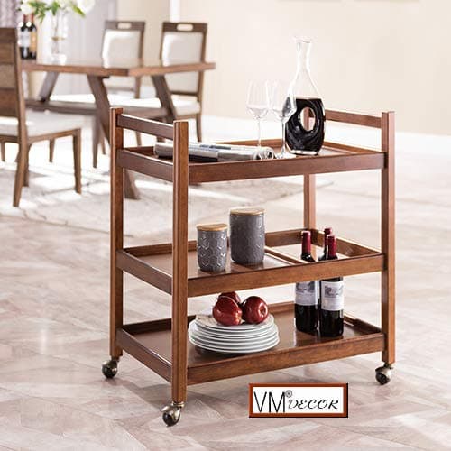 VM DECOR Wooden Wine cart Serving bar Trolley with Wheel Black Finish (23×14×29 inches, Natural Teak)
