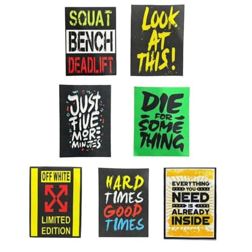 REENA Printed 7 Slogan Patch( 4.5 x 3.25 inch approx) Sew on Patches Combo small for Clothes Jackets Pants Jeans Bags Boutique Multicolour DifferenT Stitching Patches set of Patches. Multocolor (7 Slogan patch)