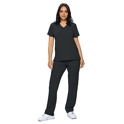 Monarch Uniforms Scrub Sets in Regular and Petite Stretchy Scrubs for Women Set of Scrub Top and Scrub pants-(BLACK)-M