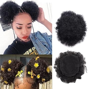 8inch Black Big Afro Puff Drawstring Ponytail Hair Extenion Short Curly Hair Bun Pony Puff Synthetic Updo Hairpieces with Clip for Women Girls 1PC