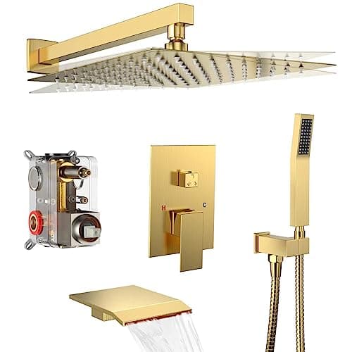Rain Shower System 12 inch Shower Faucet Set with Tub Spout,Bathroom Wall Mounted Waterfall Shower Head Bath tub Faucet Sets Complete with Handheld Spray,Included Valve Body and Trim kit,Brushed Gold