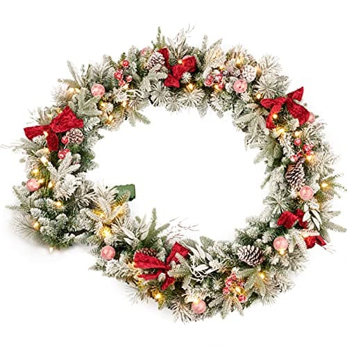 AMERZEST 9ft Prelit Flocked Christmas Garland with Red Balls Berries and and 50 Battery Operated Soft White LED Lights with TimerArtificial Holiday Decoration Door Outdoor