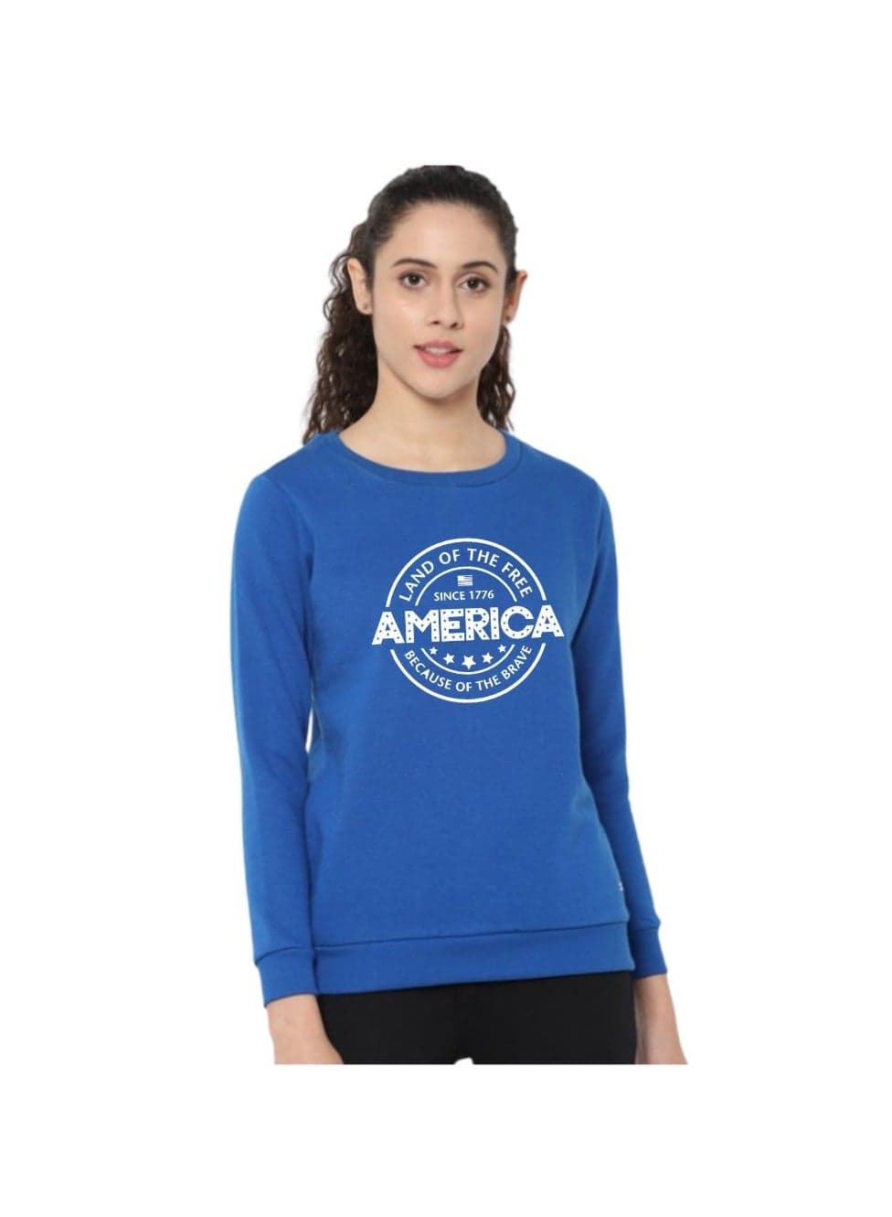 USA Women's Sweatshirt–Blue Full Sleeve With “AMERICA Land Of The Free” Print – Soft Cotton Casual Wear For Style & Comfort