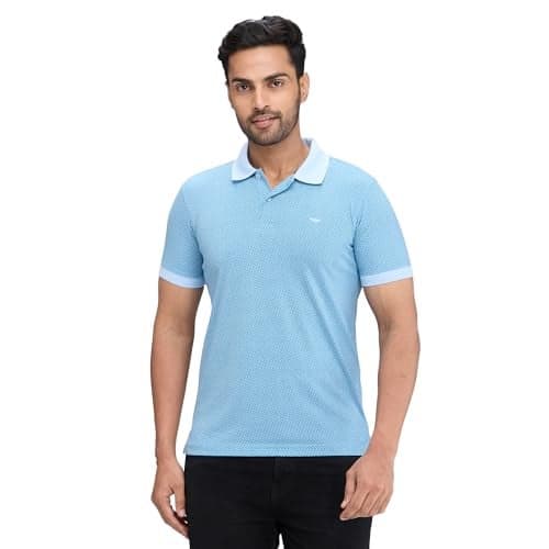 Park Avenue Men's Printed Half Sleeve Polo T-Shirt | Slim Fit Cotton Blend Casual Tee | Medium Blue