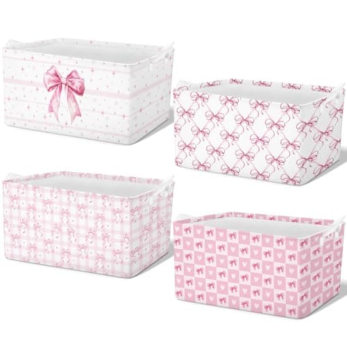 Bulyoou 4pcs Christmas Storage Basket Fabric Laundry Baskets with Handle Xmas Foldable Organizer Boxes for Office Home Baby Cloth Toy Book 15 x 10 x 8 Pink Bowknot