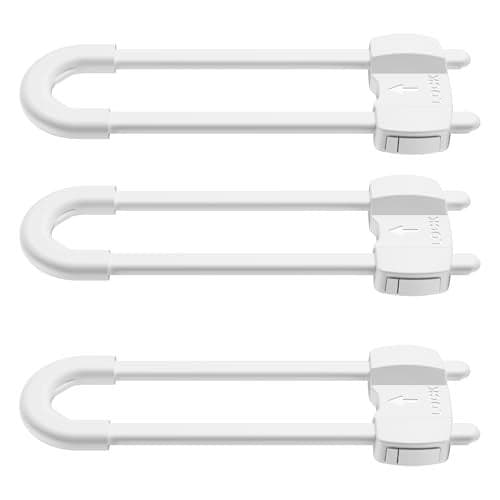 LRANFOW 3 Pack UShaped Baby Proof Cabinet Locks No Drilling Required Adjustable Child Safety Latches for Cabinets Drawers Kitchen Doors White