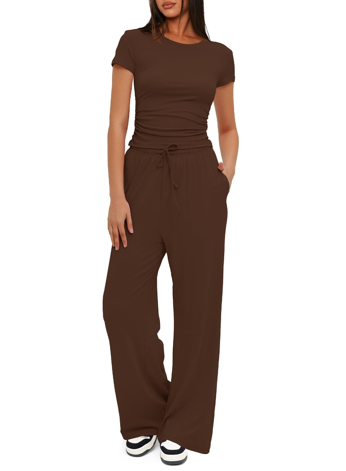 Darong Women's Two Piece Outfits Lounge Sets Ruched Short Sleeve Pullover Tops and High Waisted Pants Tracksuit Sets 9042B Coffee M