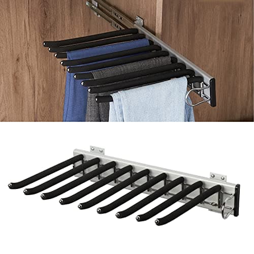 Pull Out Trousers Rack 9 Arms Retractable Closet Pants Hanger Side Mounted Space Saving Trouser Hanger Rack, Right Side Installation, Black