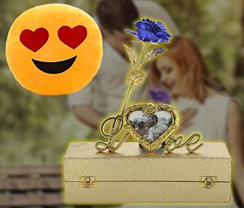 INTERNATIONAL GIFT® Blue Rose Flower 25 cm with Photo Frame Love Stand with Luxury Golden Gift Box Packing with Emoji Heart Smiley Pillow/Cushions